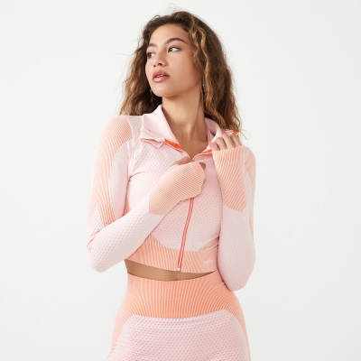 Activewear shot of a woman in a peach mesh long-sleeve top. By Nick van der Touw.