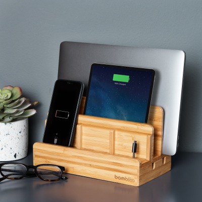 Product shot of a wireless charging stand with a phone and plant. By Nick van der Touw.