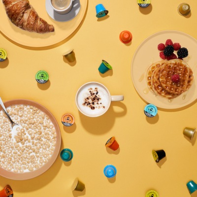 Breakfast lifestyle flat lay with waffles and coffee. By Nick van der Touw.