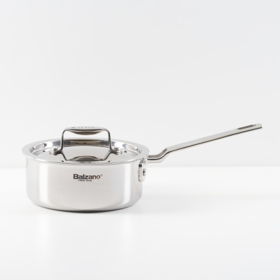 Product shot of a Balzano stainless saucepan with lid. By Nick van der Touw.
