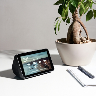Product shot of an Amazon smart display with a plant. By Nick van der Touw.