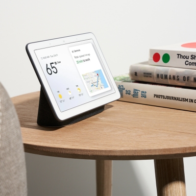Product shot of a Google smart display on a styled desk. By Nick van der Touw.