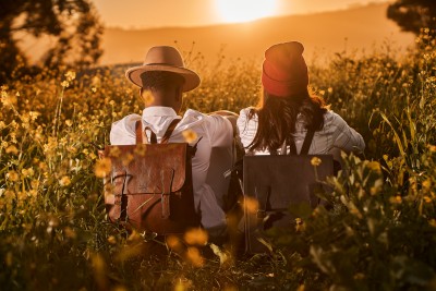 Woodstock Leather 2020 campaign couple frame in golden hour light. By Nick van der Touw.